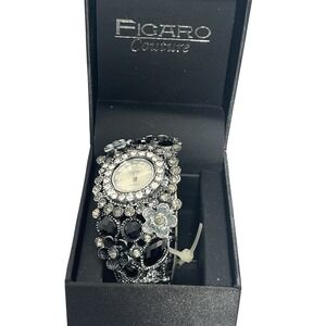 FIGARO Couture Women's Silver-Tone Rhinestone Black Stone Bangle Cuff Watch